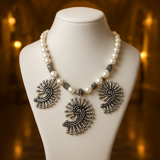 Triple Pendant Oxidised Pearl Nacklace
