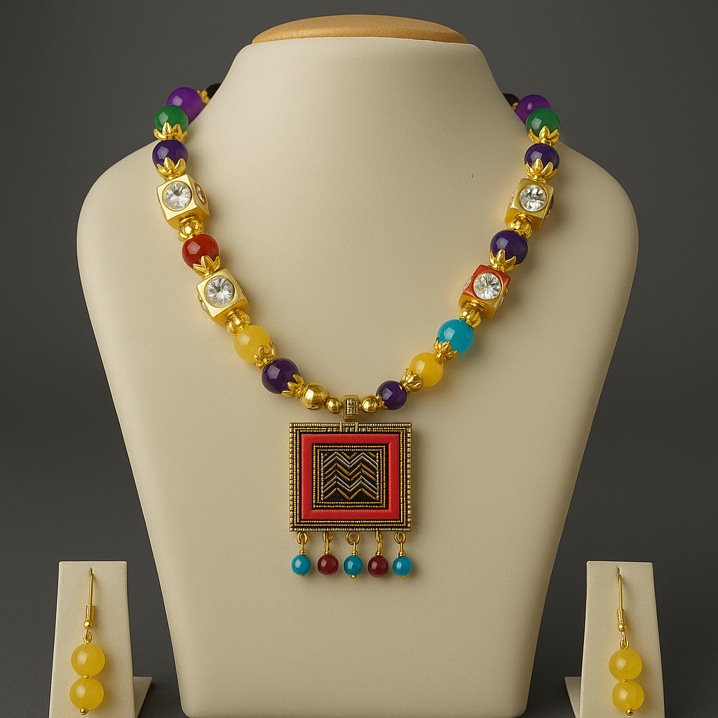 Multi Color Square Motif Necklace Set