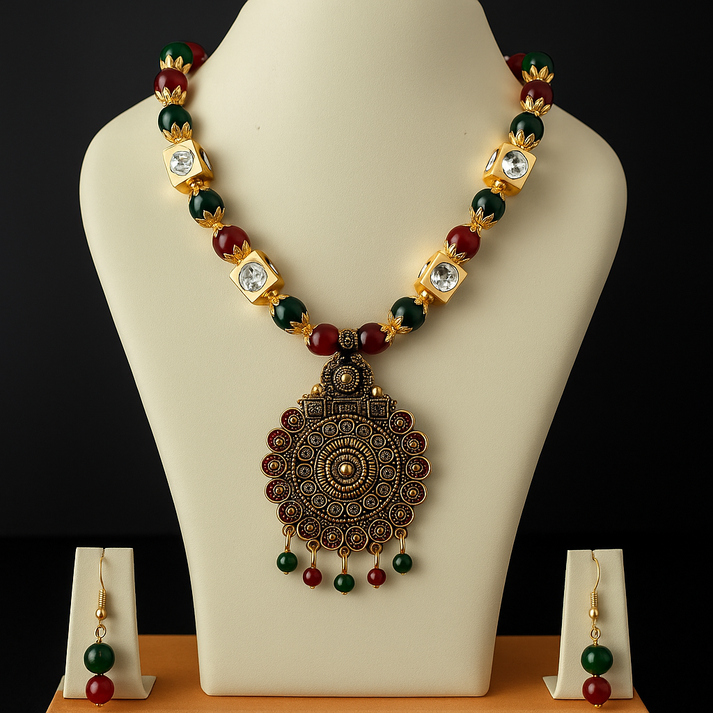 Mini Leaf Design Circle Motif Necklace Set