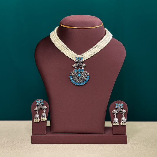High Neck Blue Stone Pearl Set